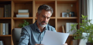 Pension travailleurs indépendants : quels sont les meilleurs choix ? Homme d'affaires regardant des documents de pension dans un bureau chaleureux