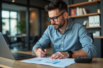 Homme d'affaires concentré sur un document financier