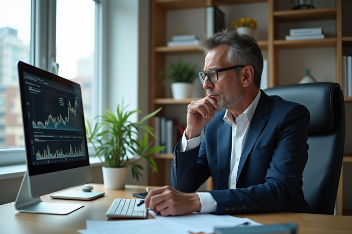 homme-finance-bureau Homme d'âge moyen en costume regardant des graphiques financiers