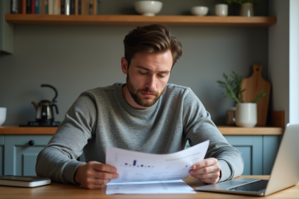 Homme d'affaires examine documents financiers et crypto