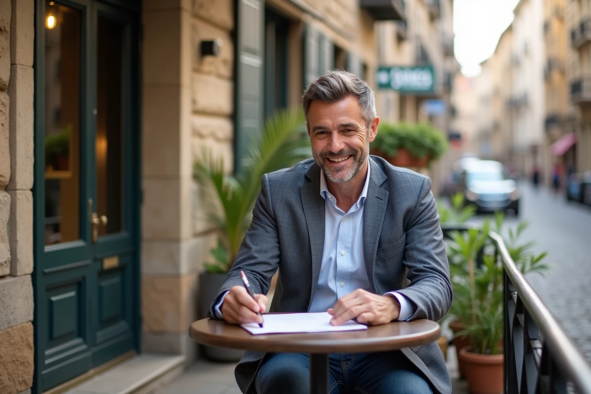Homme freelance travaillant dans un caf&eacute; urbain