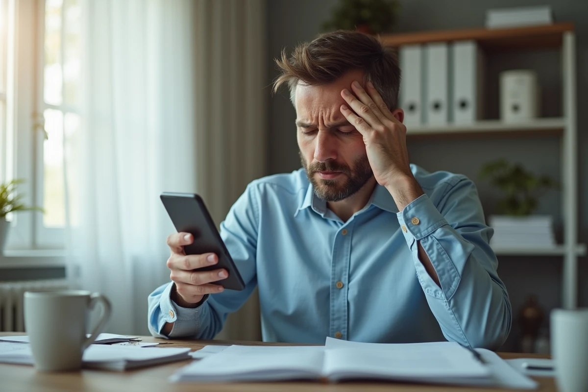 Homme frustré au téléphone avec le service client Boursorama depuis son bureau à domicile
