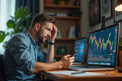 Homme inquiet regardant un graphique de crypto en baisse
