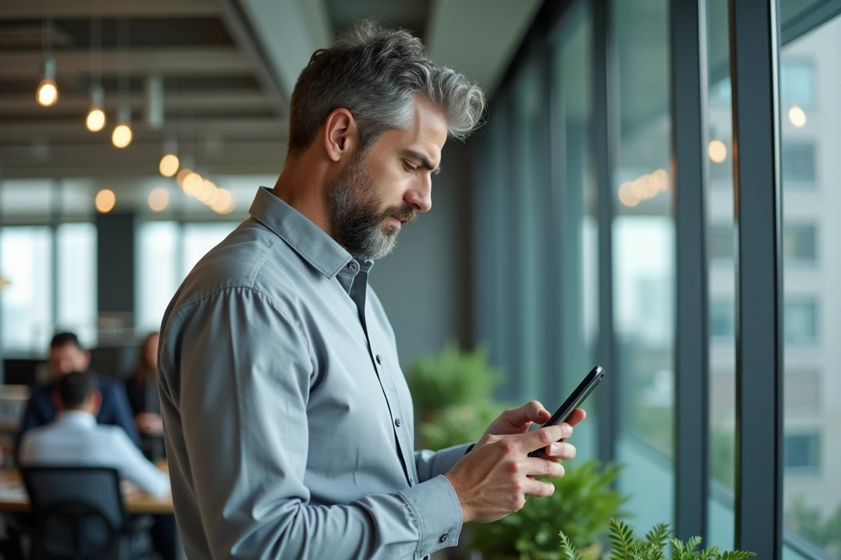 Homme d'affaires configurant les options cachées de son compte bancaire sur smartphone au bureau