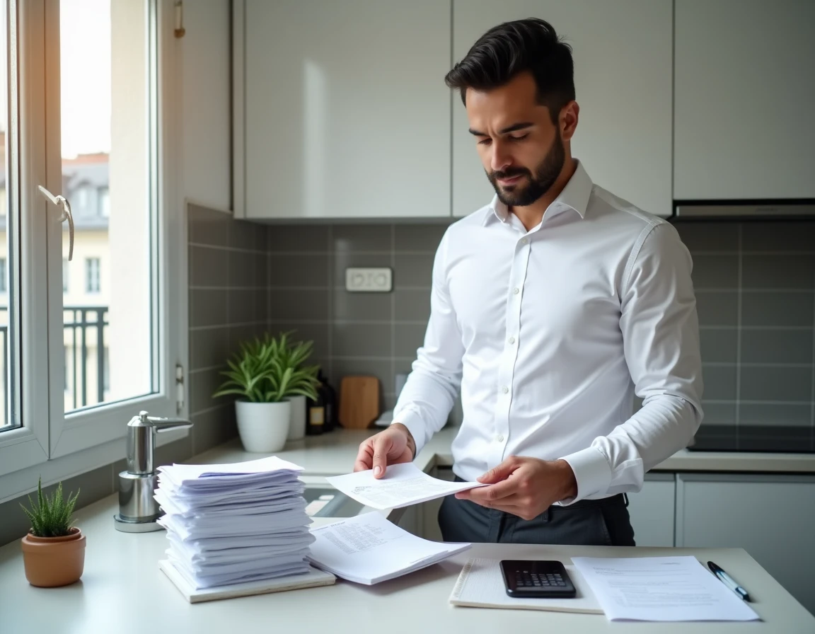 Homme organisant méthodiquement ses reçus de repas et justificatifs fiscaux dans sa cuisine pour optimiser sa déclaration de frais réels aux impôts 2026