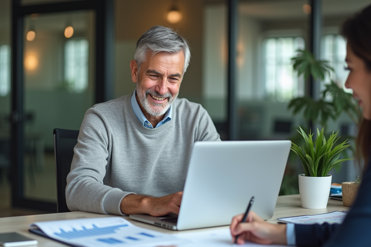 Homme âgé entrant ses détails de retraite au bureau