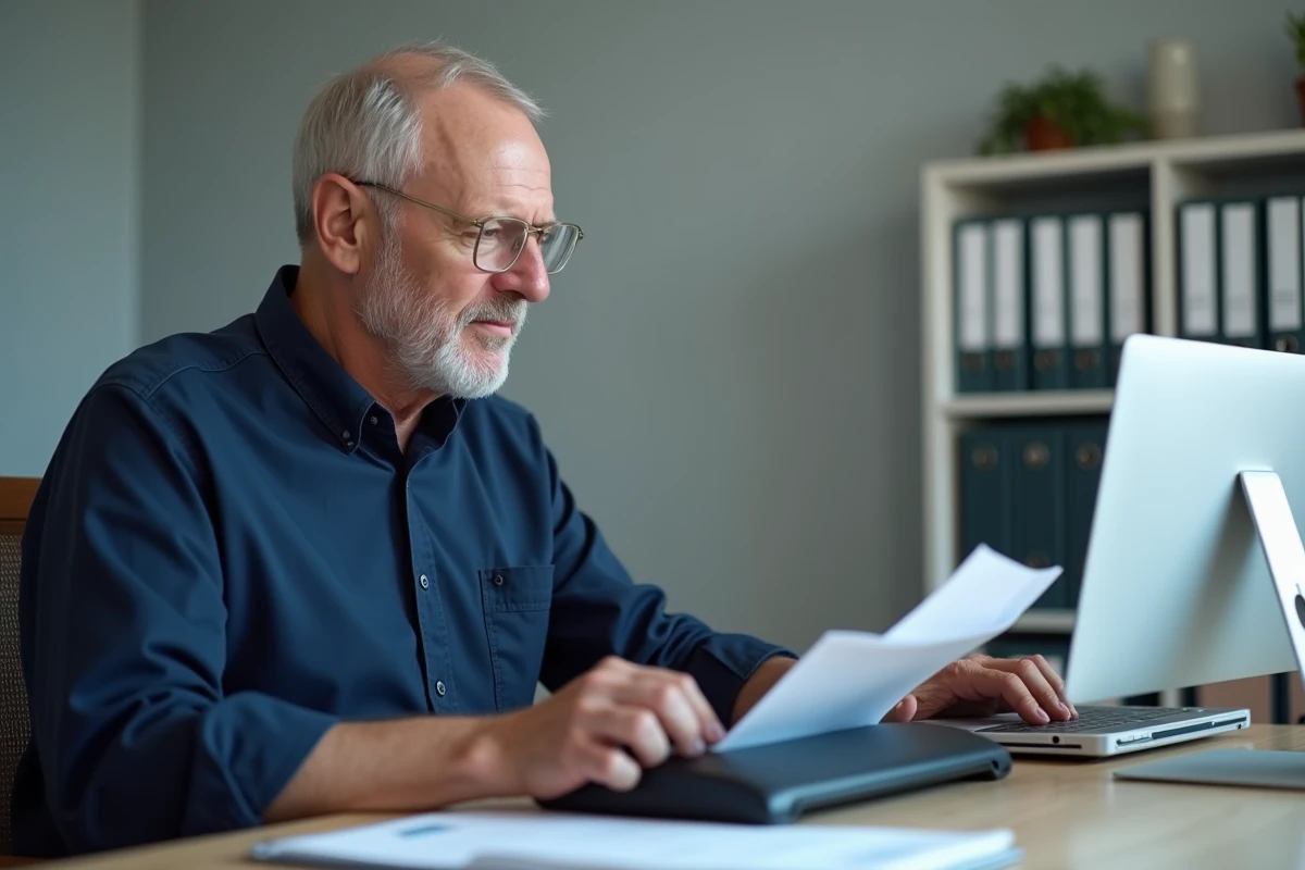 Homme retraité numérisant ses factures et pièces justificatives pour joindre à un formulaire d'aide financière en ligne