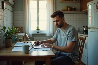 Homme seul consultant ses documents administratifs liés au RSA à la table de sa cuisine modeste