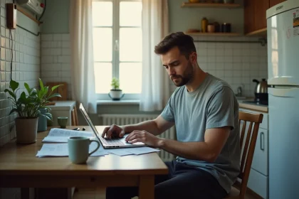 Homme seul consultant ses documents administratifs liés au RSA à la table de sa cuisine modeste