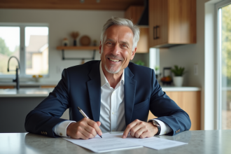 Homme d'âge moyen signant des documents immobiliers dans une cuisine moderne