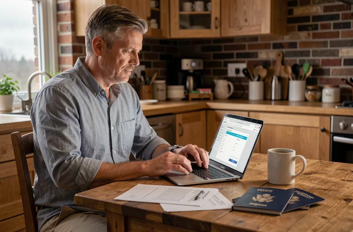Homme souscrivant une assurance voyage en ligne depuis son domicile avant un départ aux États-Unis