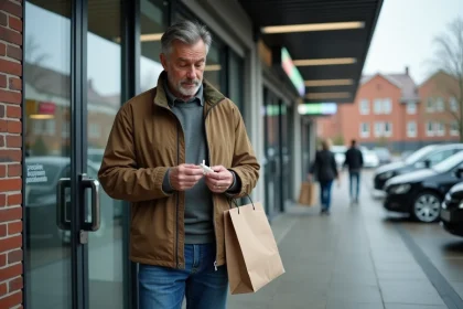 Homme d'&acirc;ge moyen examine un paquet de cigarettes devant un supermarch&eacute; allemand