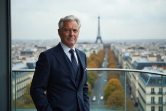 Homme d'affaires sur un rooftop parisien avec vue urbaine