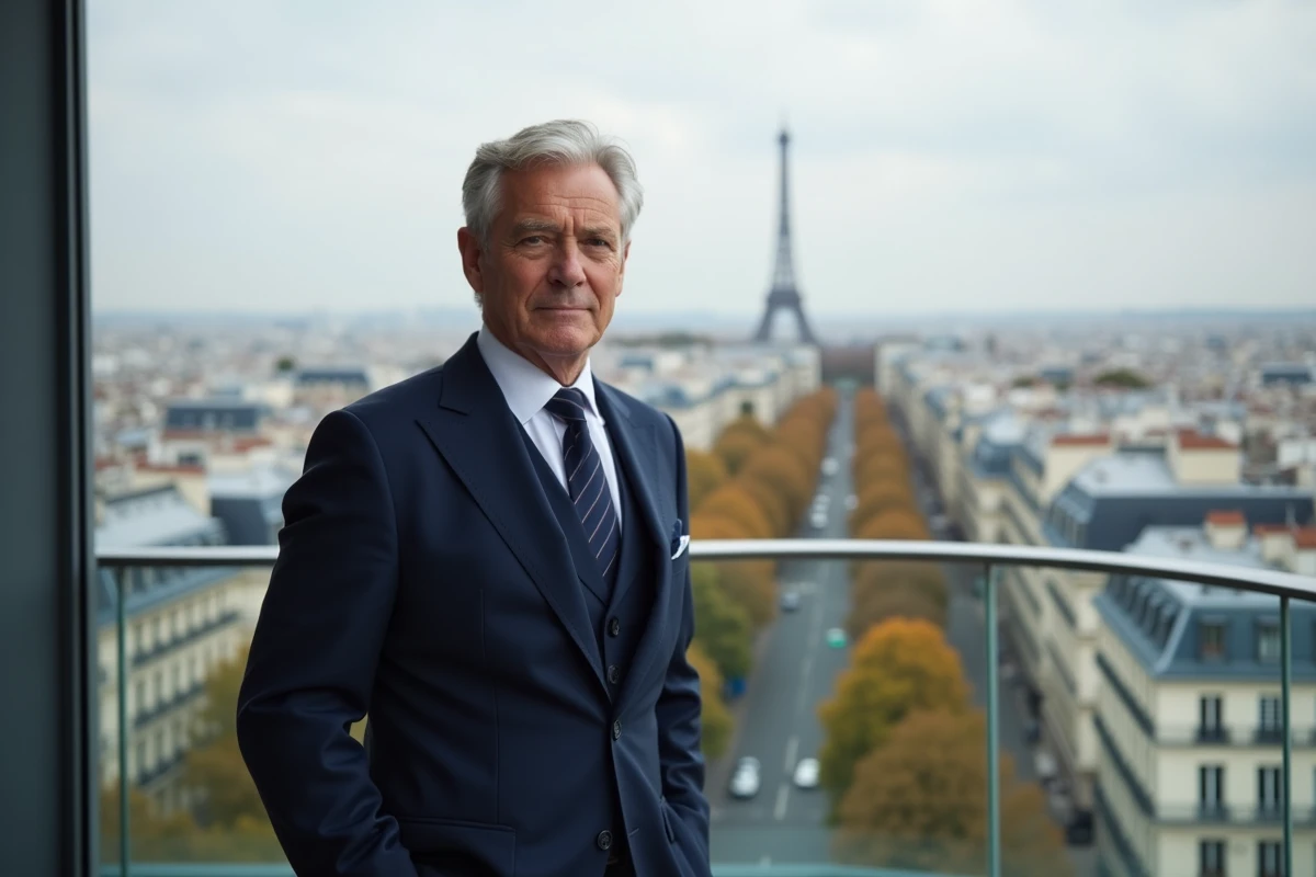 Homme d'affaires sur un rooftop parisien avec vue urbaine