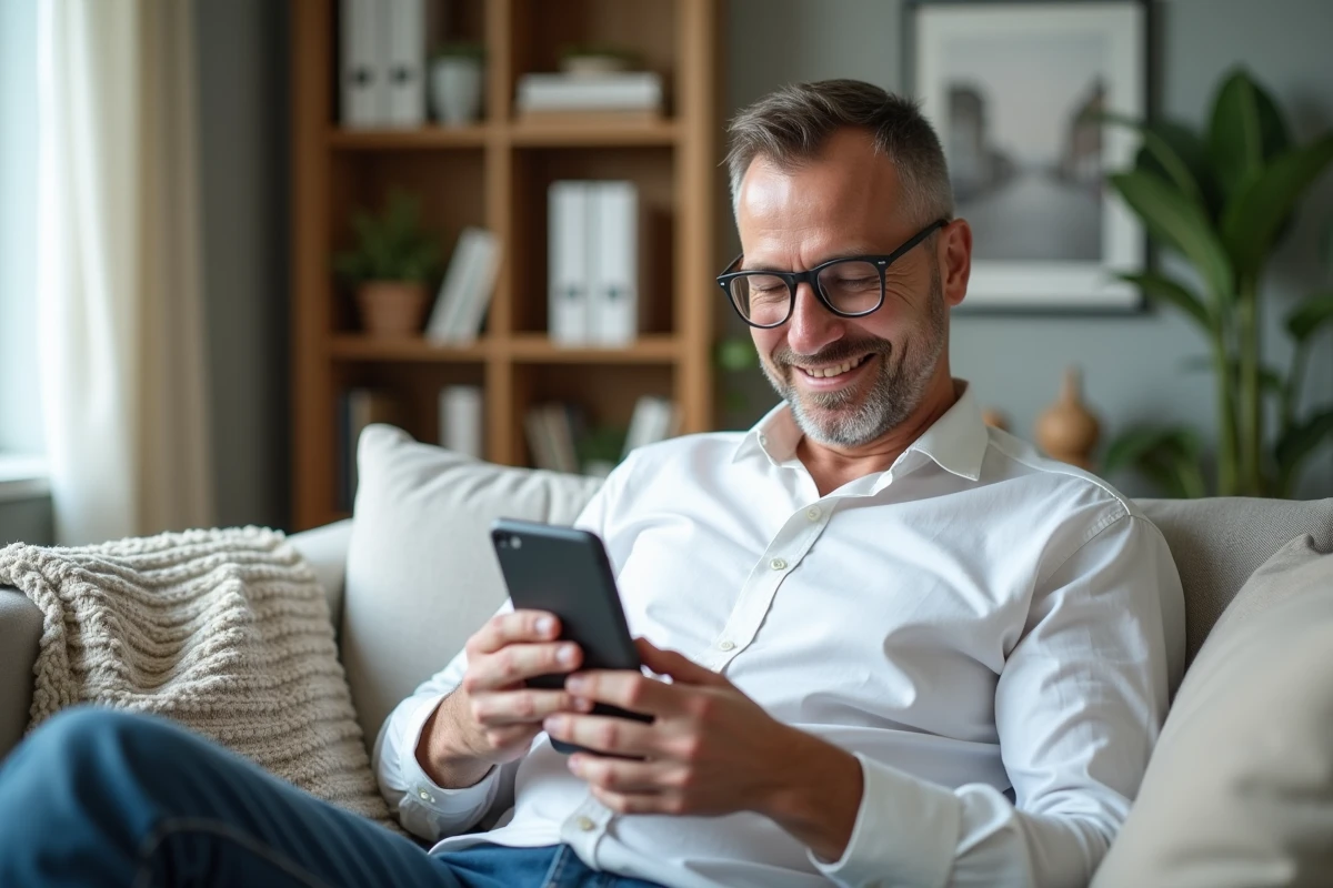Homme dans le salon utilisant son smartphone pour remplir des formulaires