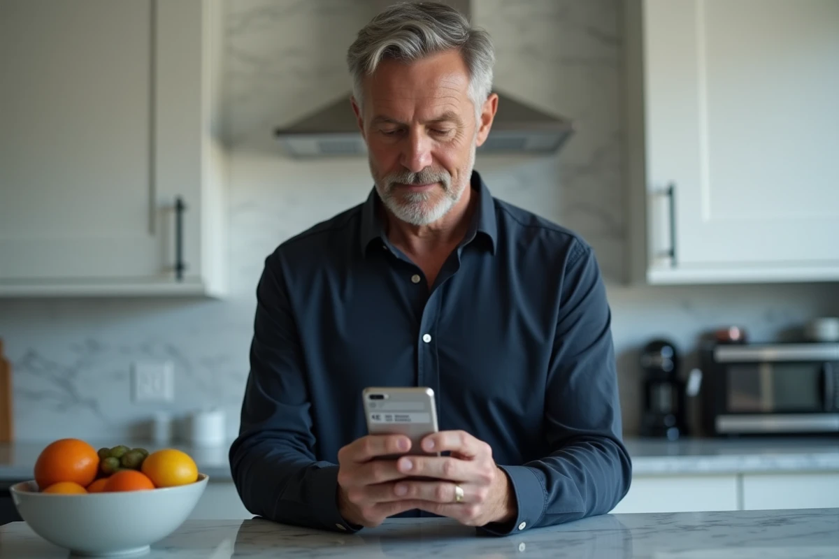 Homme vérifiant le solde de sa carte Kadeos Infini sur smartphone dans une cuisine moderne
