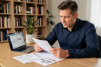 Investisseur masculin analysant des relevés de dividendes mensuels de SCPI sur son bureau à domicile