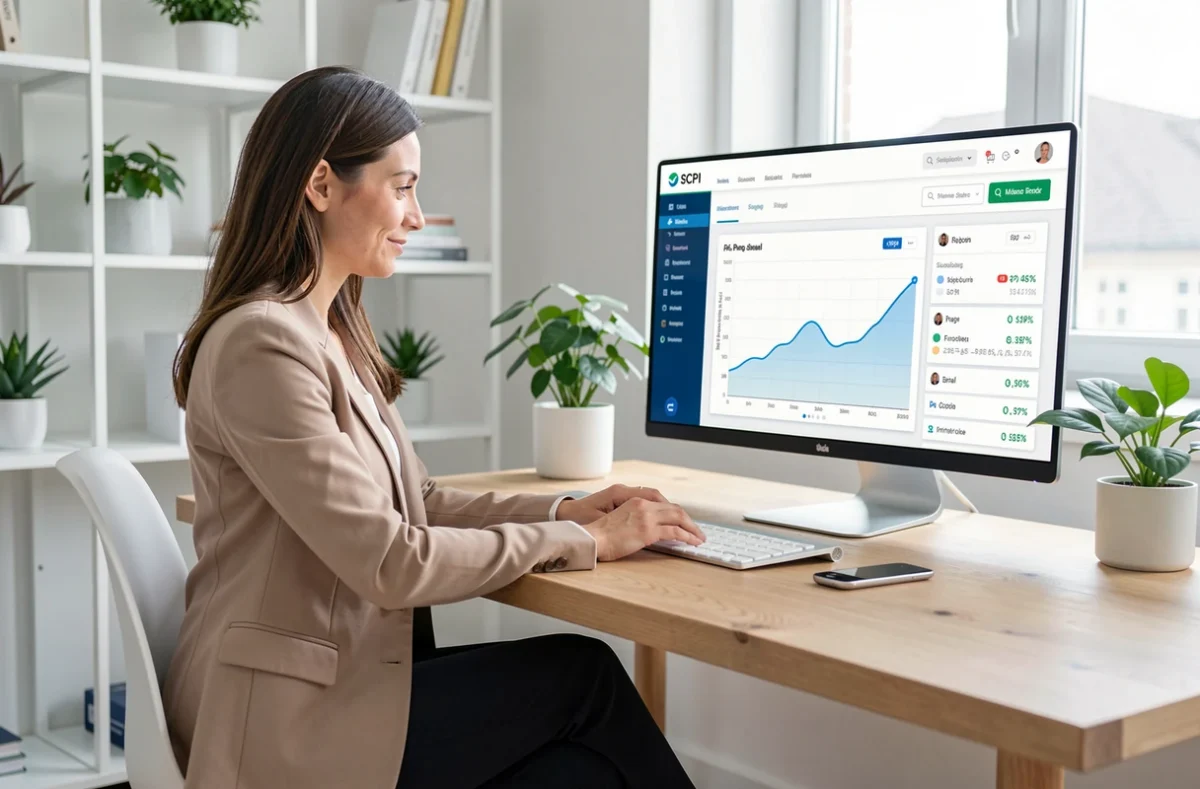 Femme investissant dans des SCPI via une plateforme de courtier en ligne depuis son bureau à domicile