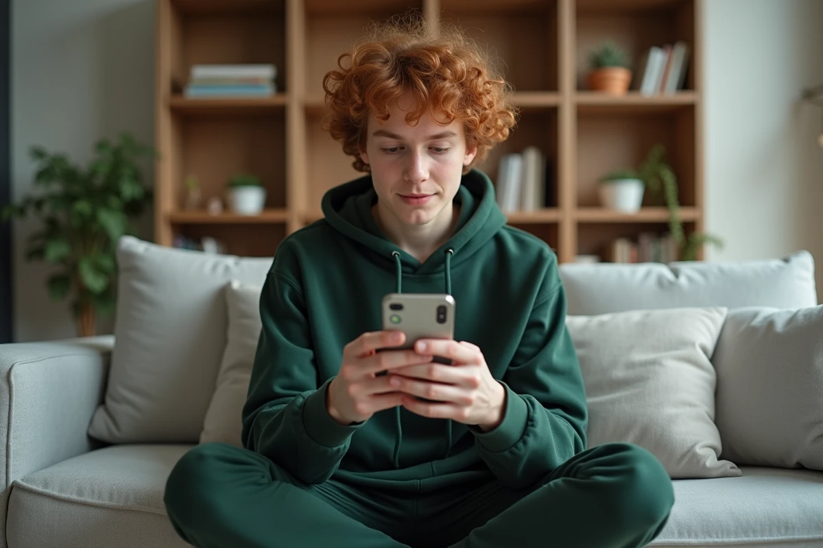 Jeune adulte découvrant les fonctionnalités cachées de son compte bancaire mobile sur canapé