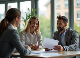 PTZ 2025 : conditions et bénéficiaires éligibles en France Jeune couple français rencontrant un conseiller bancaire dans un bureau moderne