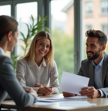 Jeune couple français rencontrant un conseiller bancaire dans un bureau moderne