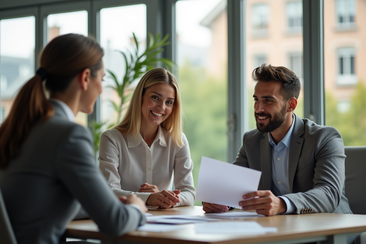 Jeune couple français rencontrant un conseiller bancaire dans un bureau moderne