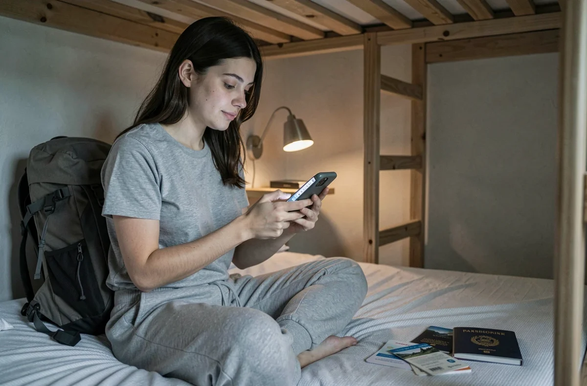 Jeune femme routarde comparant des assurances voyage sur smartphone dans un dortoir d'auberge