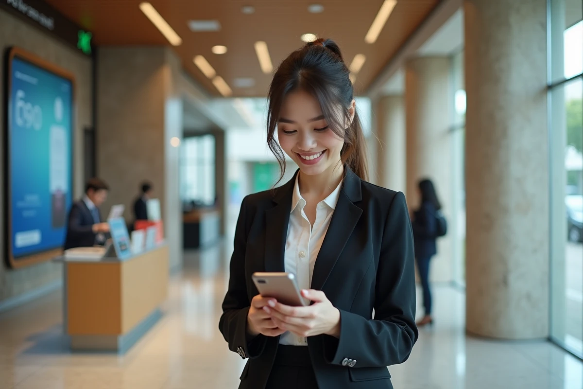 Jeune femme vérifiant son compte bancaire sur smartphone dans une banque