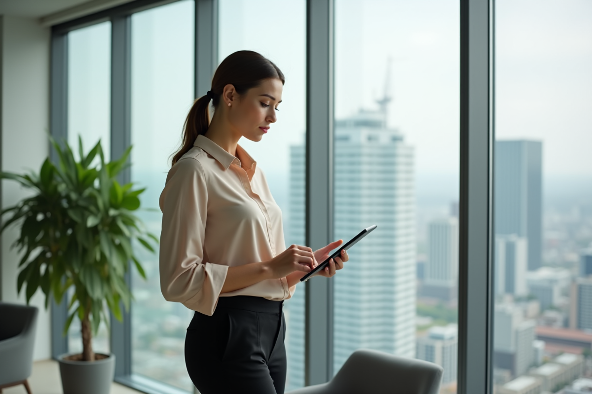 Jeune entrepreneure regardant par la fenêtre en ville