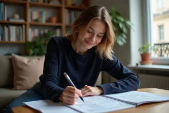 Jeune femme française remplissant un formulaire 2042 dans un salon