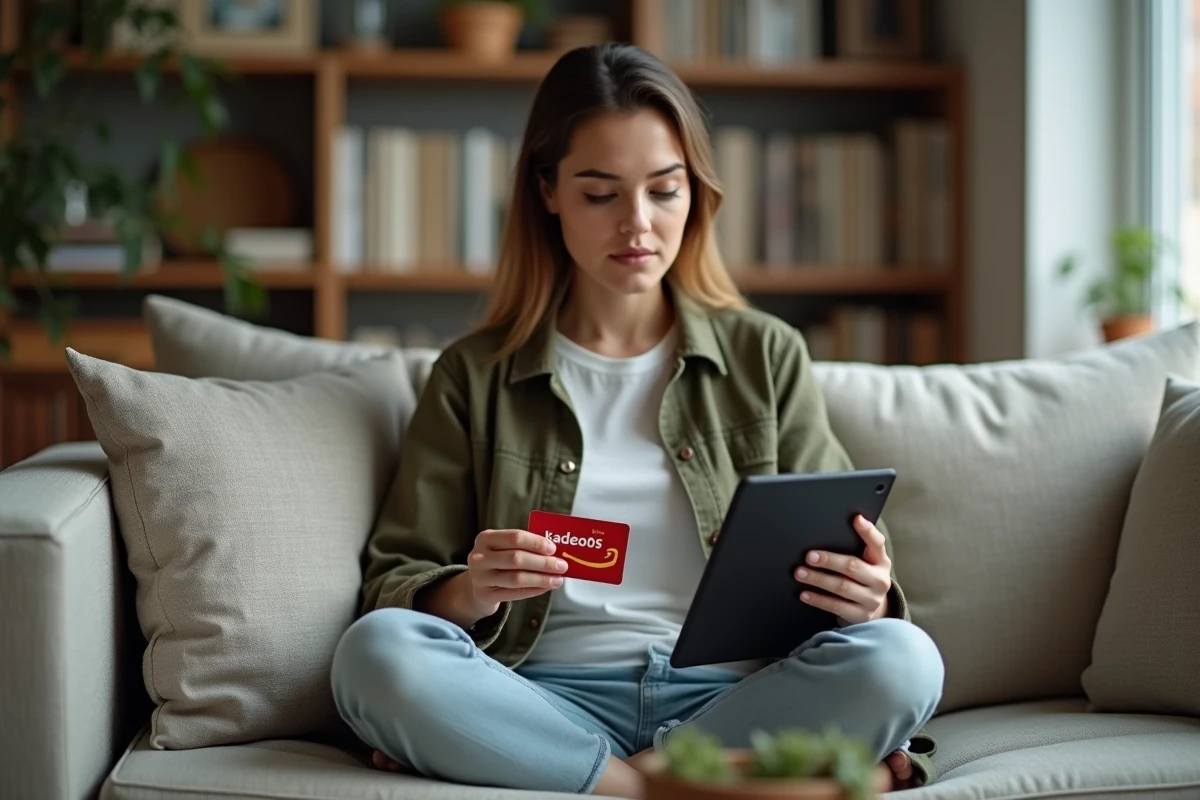 Jeune femme utilisant une carte Kadeos Infini et une tablette pour optimiser ses achats sur Amazon depuis son canapé