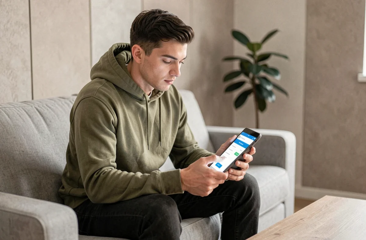Jeune homme consultant le service client ACM IARD en ligne sur une tablette depuis son salon