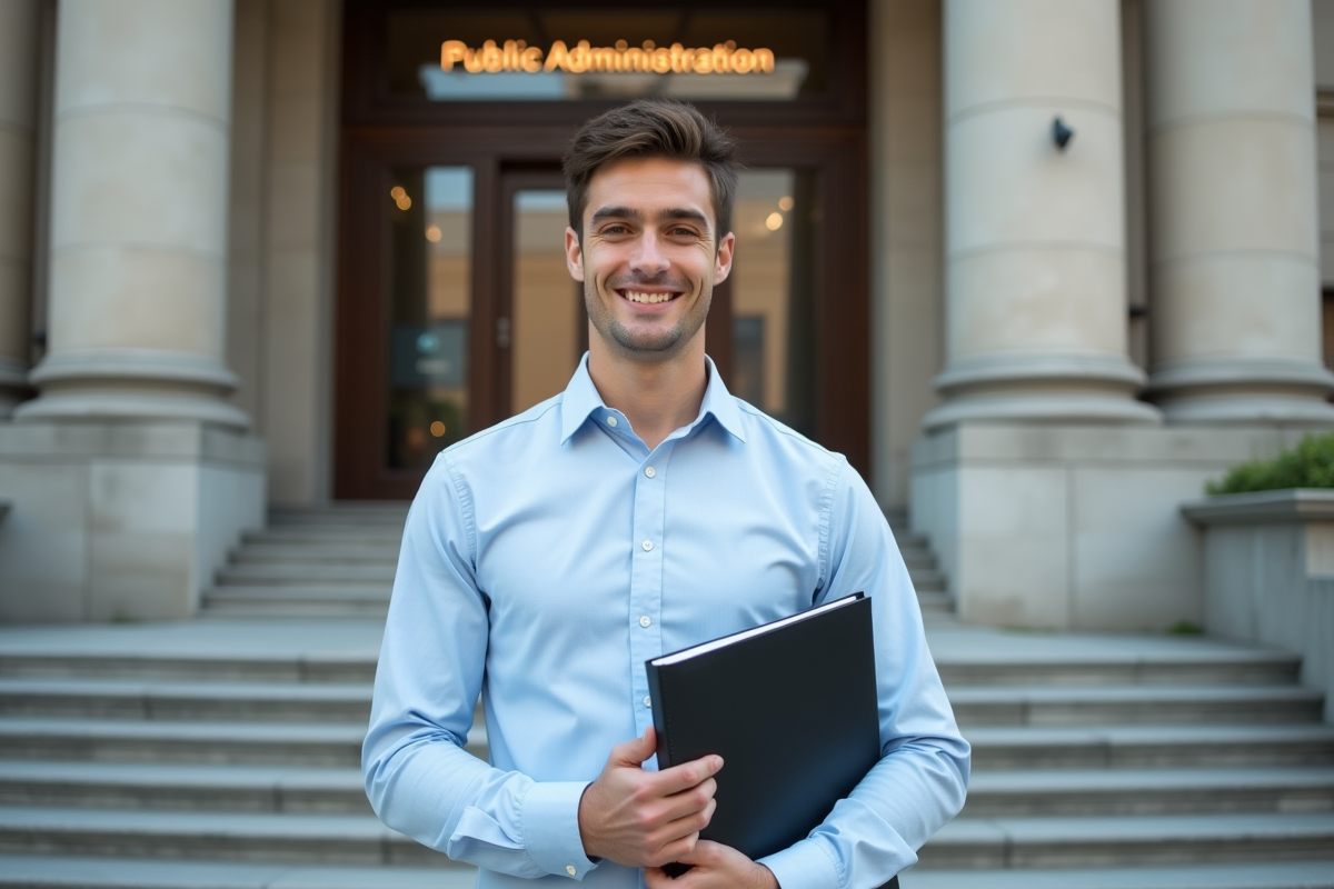 Jeune homme souriant devant un bâtiment administratif
