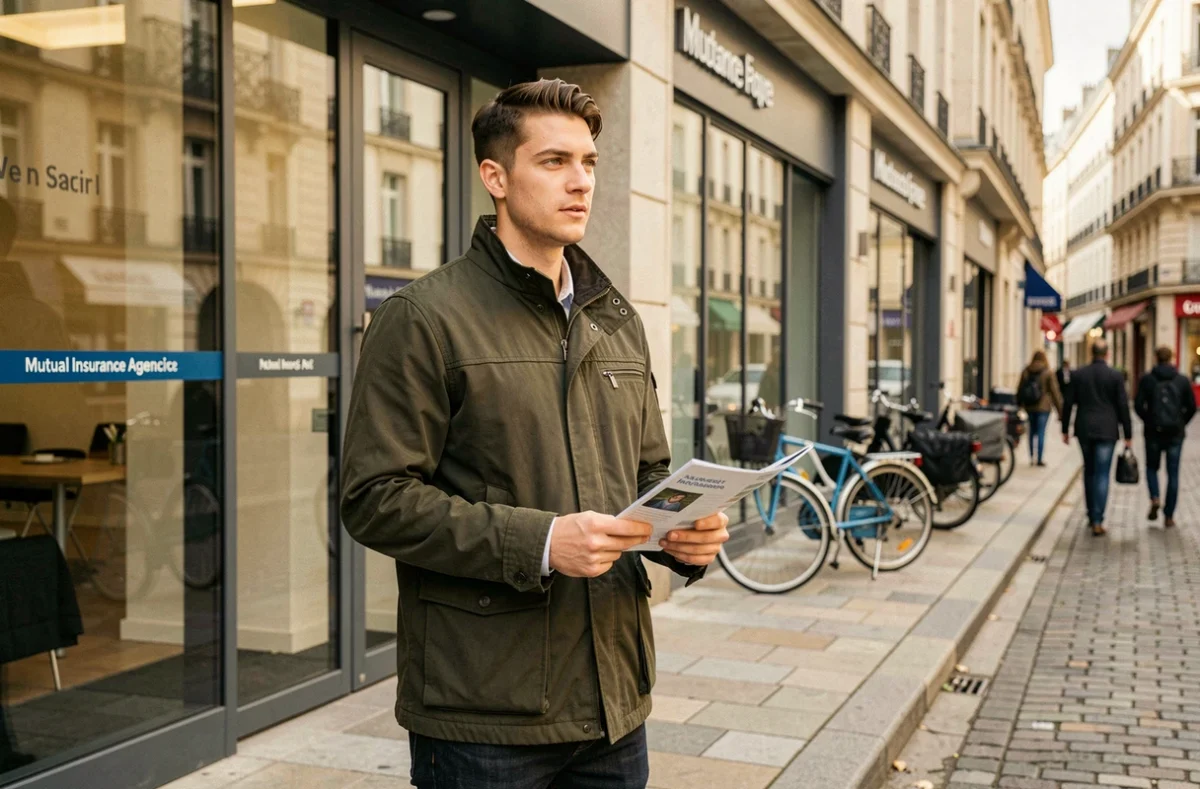 Jeune homme devant une agence de mutuelle santé AG2R La Mondiale avec un brochure en main