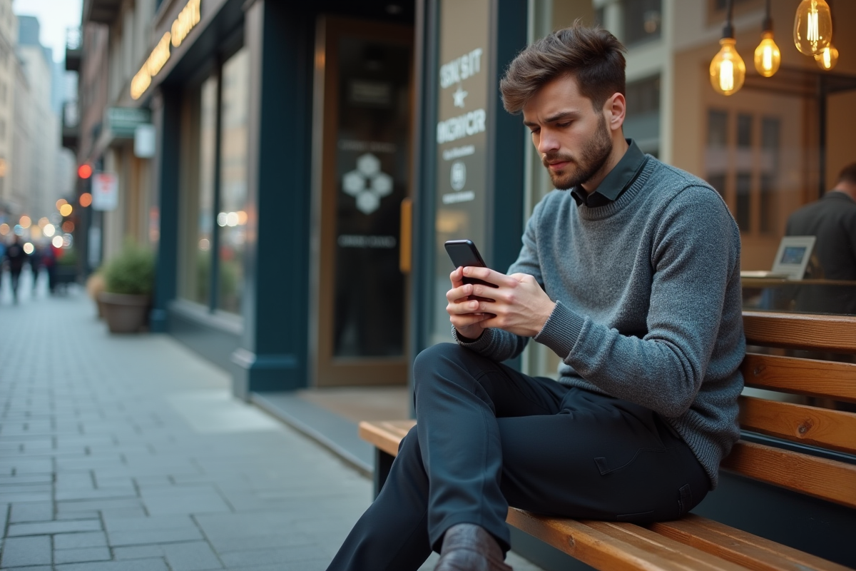 Jeune homme assis dehors devant une banque avec téléphone