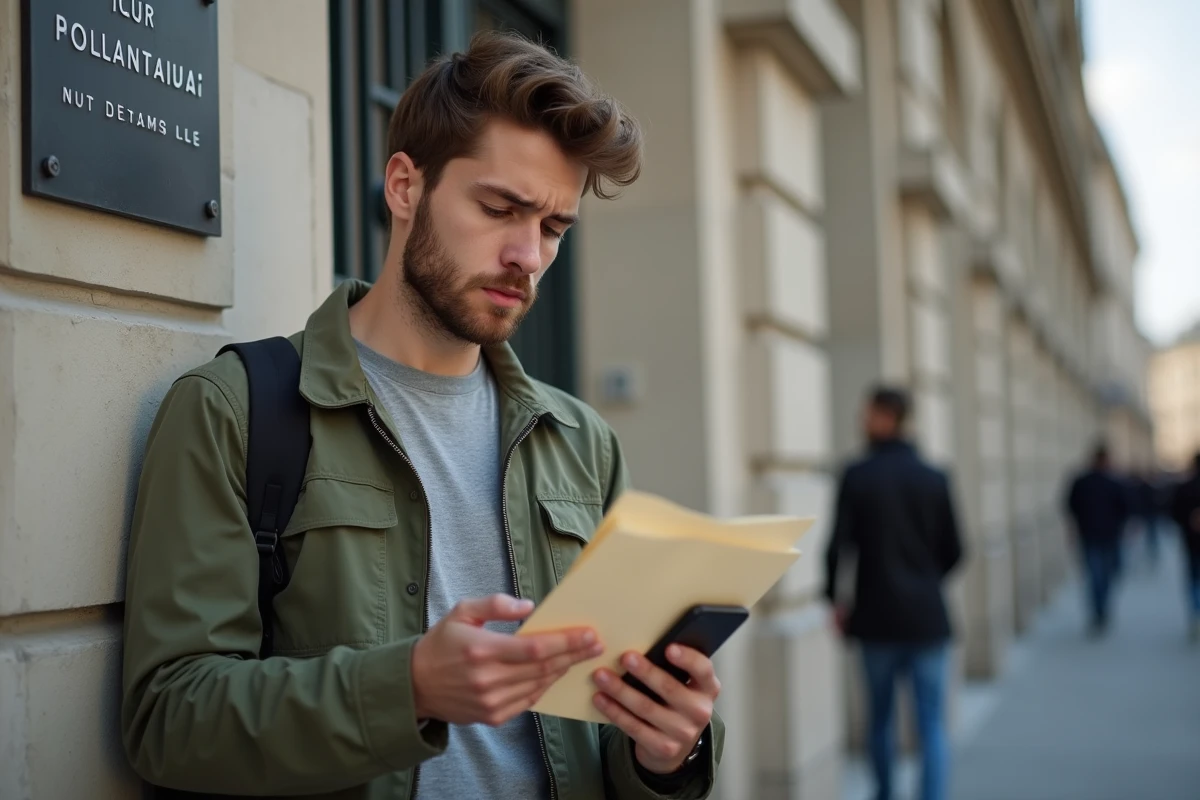 Jeune homme consultant son téléphone devant un bâtiment administratif après réception d'un avis de créance publique