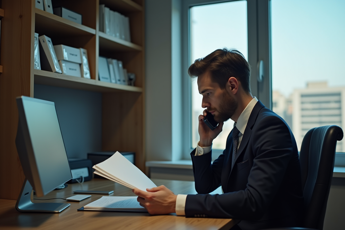 Jeune homme en costume parlant au téléphone au bureau