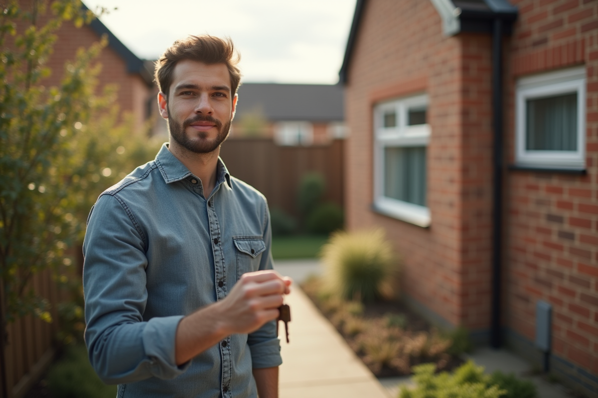 Jeune homme avec clés devant une maison de banlieue