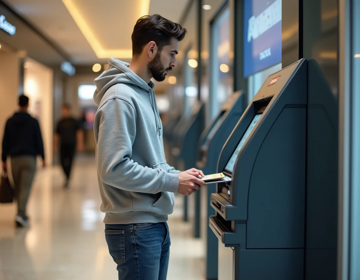 Un jeune homme consulte un distributeur automatique de banque concurrente dans un centre commercial