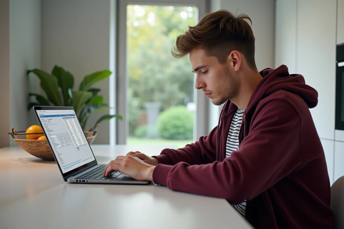 Jeune homme fran&ccedil;ais travaillant sur un formulaire 2042 dans la cuisine