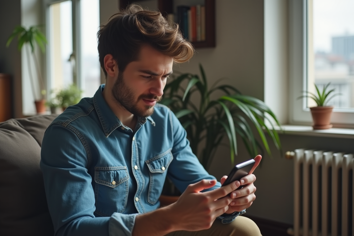 Jeune homme vérifiant ses finances avec un smartphone