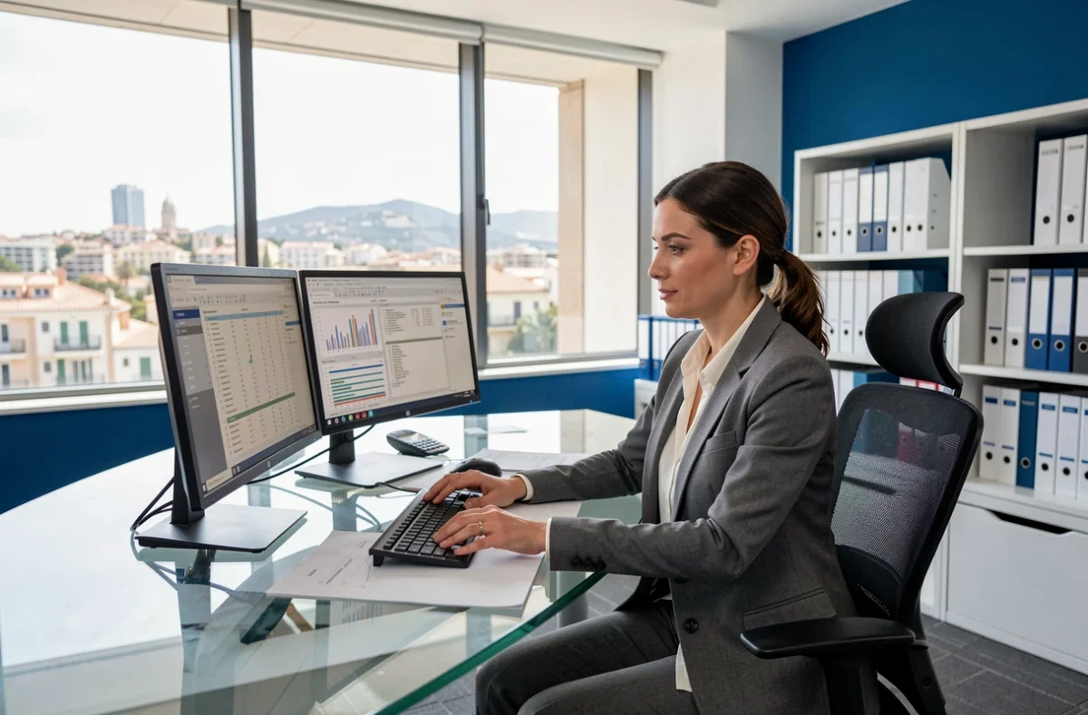 Comptable féminine au bureau du cabinet KPMG Nice analysant des données financières