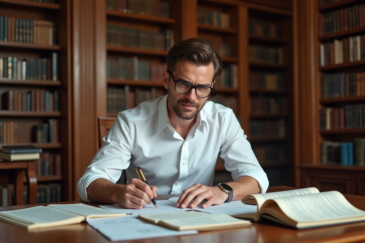 Étudiant en finance concentré dans une grande bibliothèque universitaire avec des livres et documents financiers sur le bureau