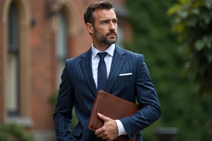 Kyle Baugher financier devant une université américaine en costume bleu marine, profil éditorial professionnel