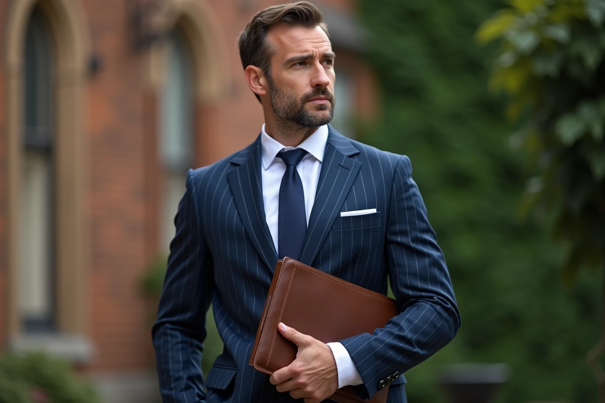 Kyle Baugher financier devant une université américaine en costume bleu marine, profil éditorial professionnel