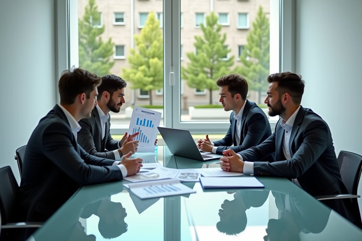 Jeunes professionnels en finance discutant de rapports financiers dans une salle de séminaire moderne d'université de commerce