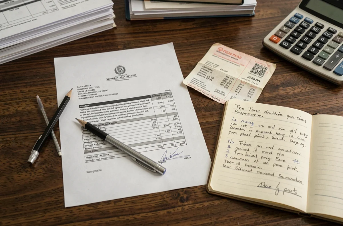 Gros plan sur une facture officielle et un ticket de caisse posés sur un bureau de comptable pour illustrer les justificatifs de charges en LMNP régime réel