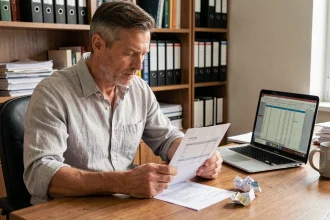 Propriétaire en LMNP examinant une facture et un ticket de caisse sur un bureau en bois pour déclarer ses charges au régime réel