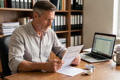 Propriétaire en LMNP examinant une facture et un ticket de caisse sur un bureau en bois pour déclarer ses charges au régime réel