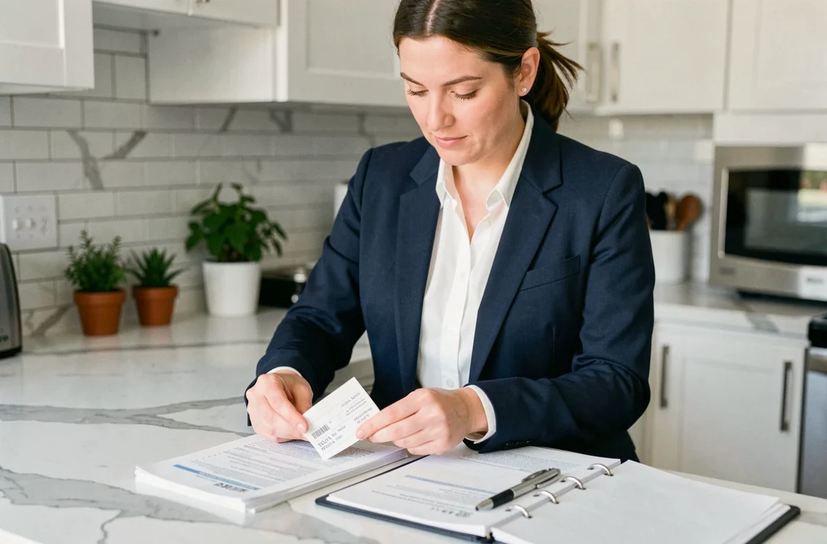 Propriétaire LMNP triant des factures et tickets de caisse dans une cuisine moderne pour la déclaration fiscale au régime réel